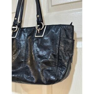 Coach Black Crinkle Leather Patchwork C Logo Tote Bag Yellow Silver Grey Accent